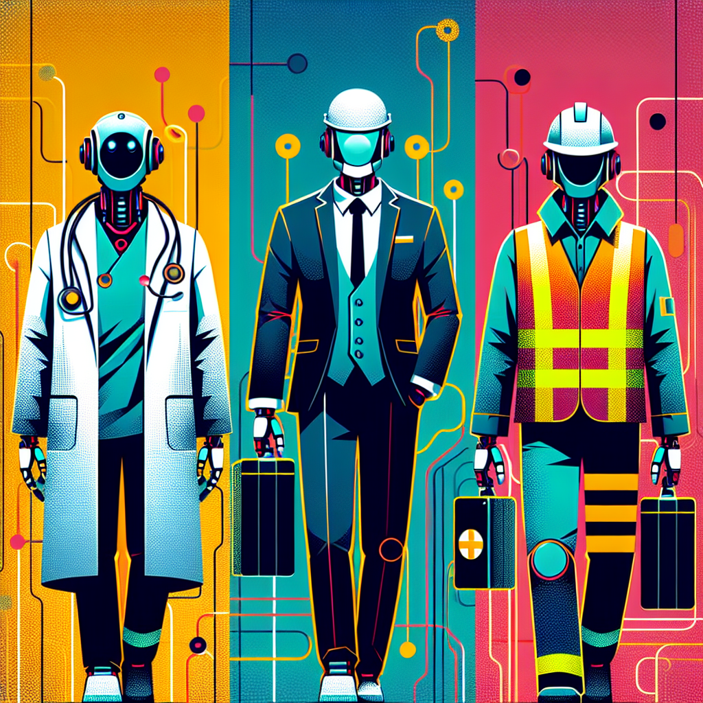 A robot dressed as a doctor, a robot dressed as a business executive and a robot wearing a construction workers clothes all standing together.